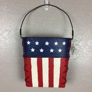 Dept. 56 Painted Flag Hanging Metal Bucket Door Decoration with Flowers New